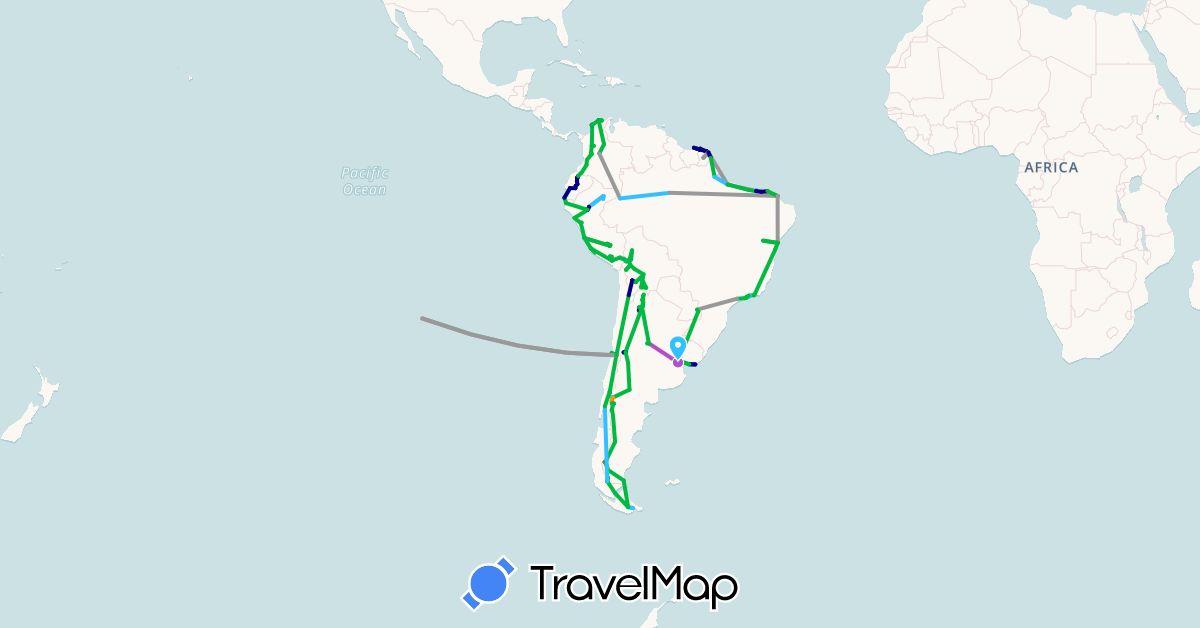 TravelMap itinerary: driving, bus, plane, cycling, train, hiking, boat, hitchhiking, motorbike in Argentina, Bolivia, Brazil, Chile, Colombia, Ecuador, French Guiana, Peru, Suriname, Uruguay (South America)